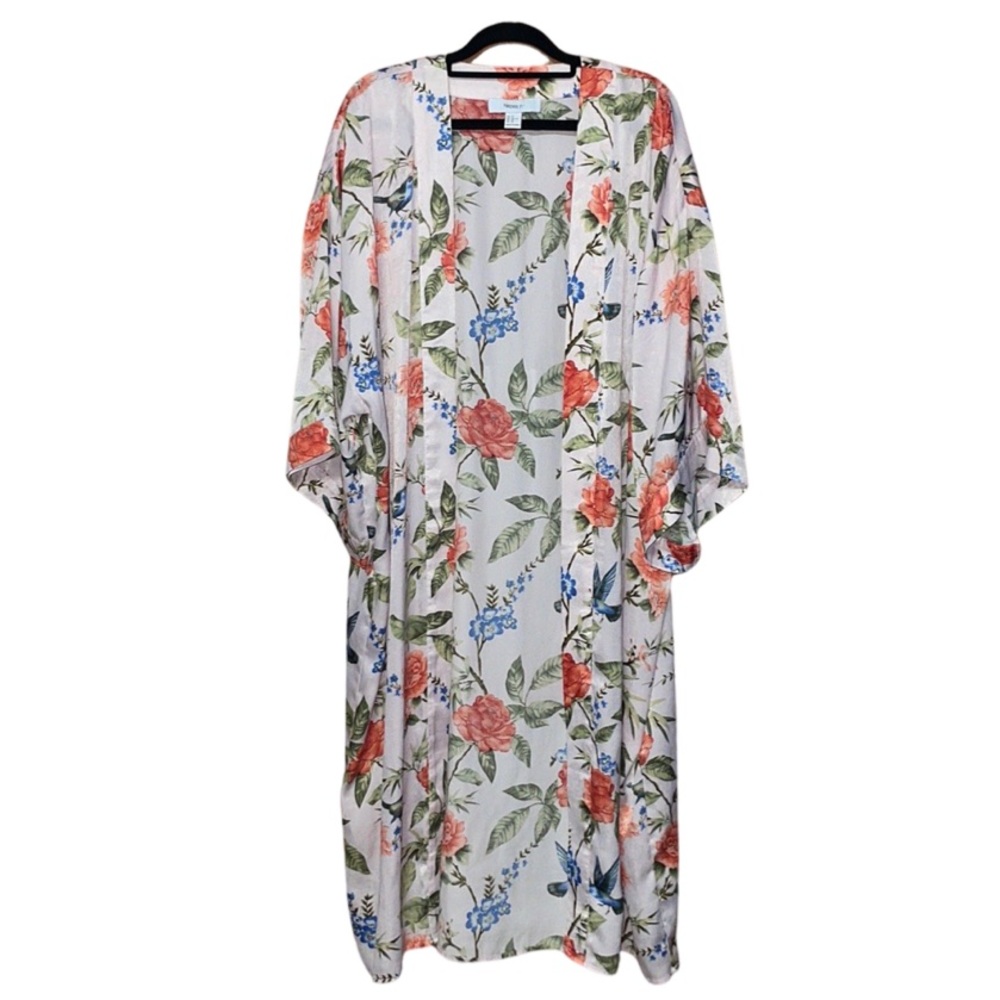 F21 Allover Floral Print Kimono Cardigan - Pink - Size 1X